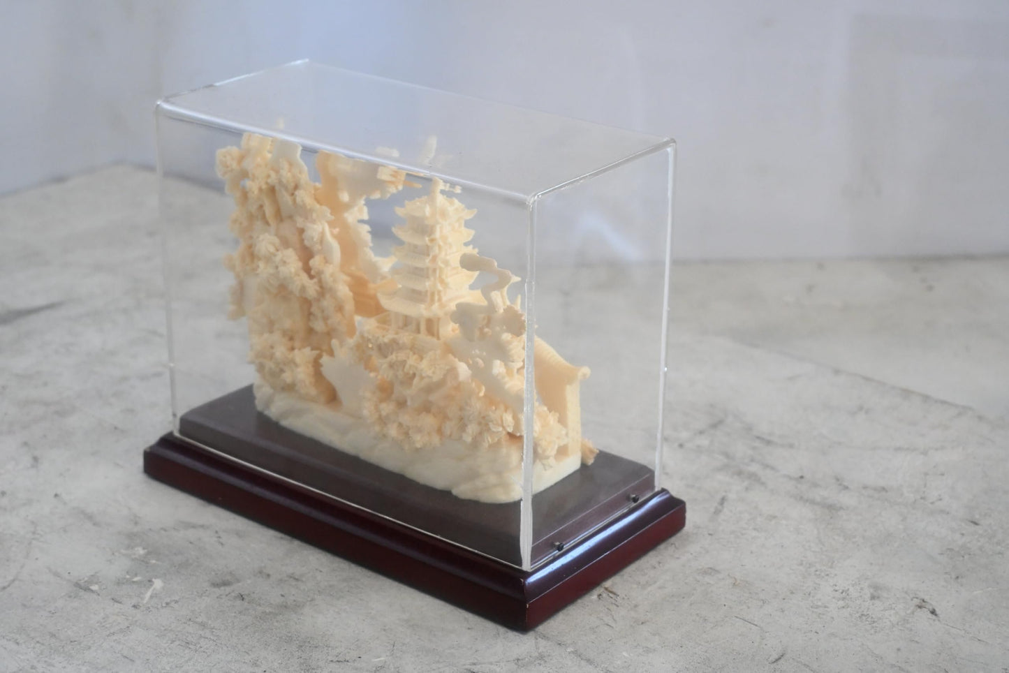 Carved Resin Chinese Garden Scene with Bridge in Case 8"x4"x7"H