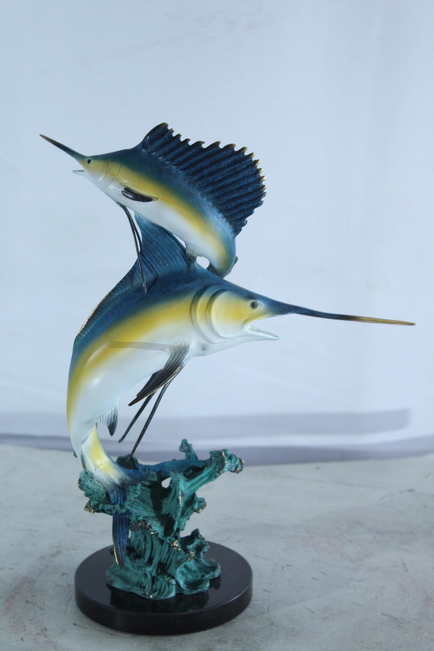 NIFAO Bronze Sailfish Duo Statue on Marble Base Coastal Sculpture 13" x 7" x 15"H