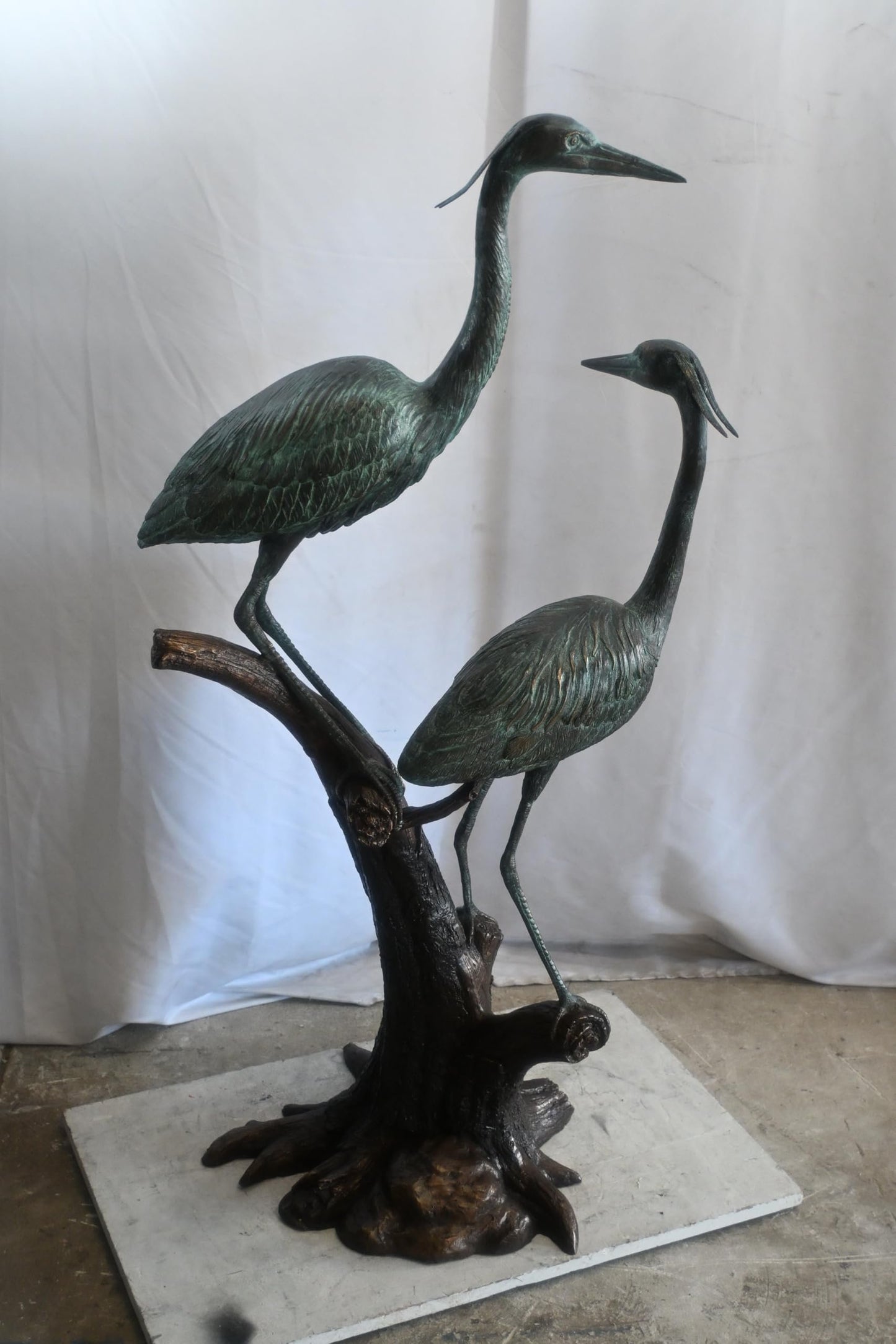 Bronze Heron Pair Sculpture on Driftwood Branch Perch 25"x20"x52"H