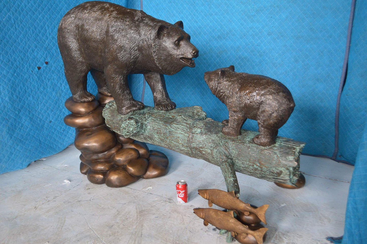 Family Bear on log giant bronze statue -  Size: 61"L x 34"W x 45"H.