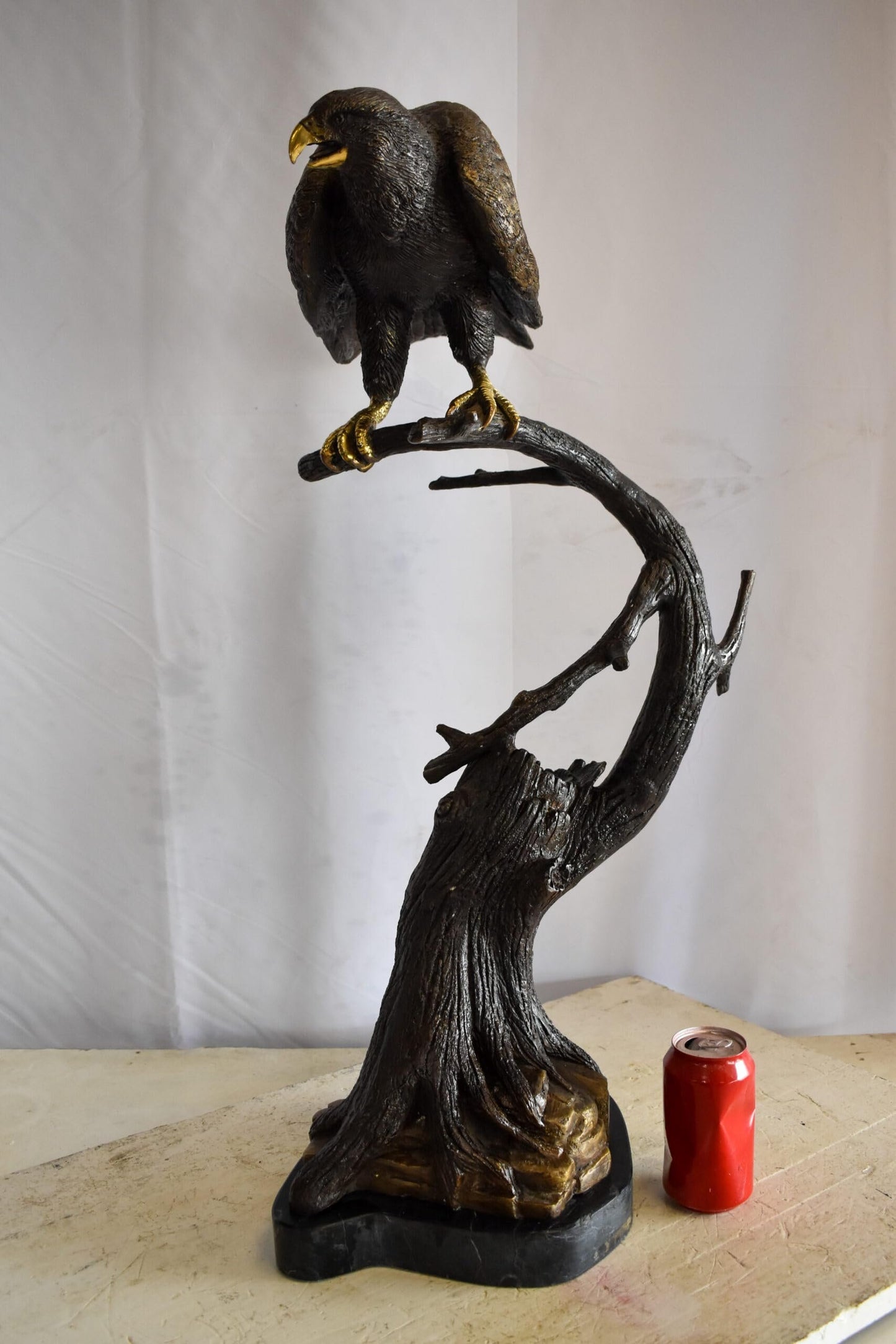 Observant Hawk on Arched Branch Bronze Statue 17" x 19" x 32"H