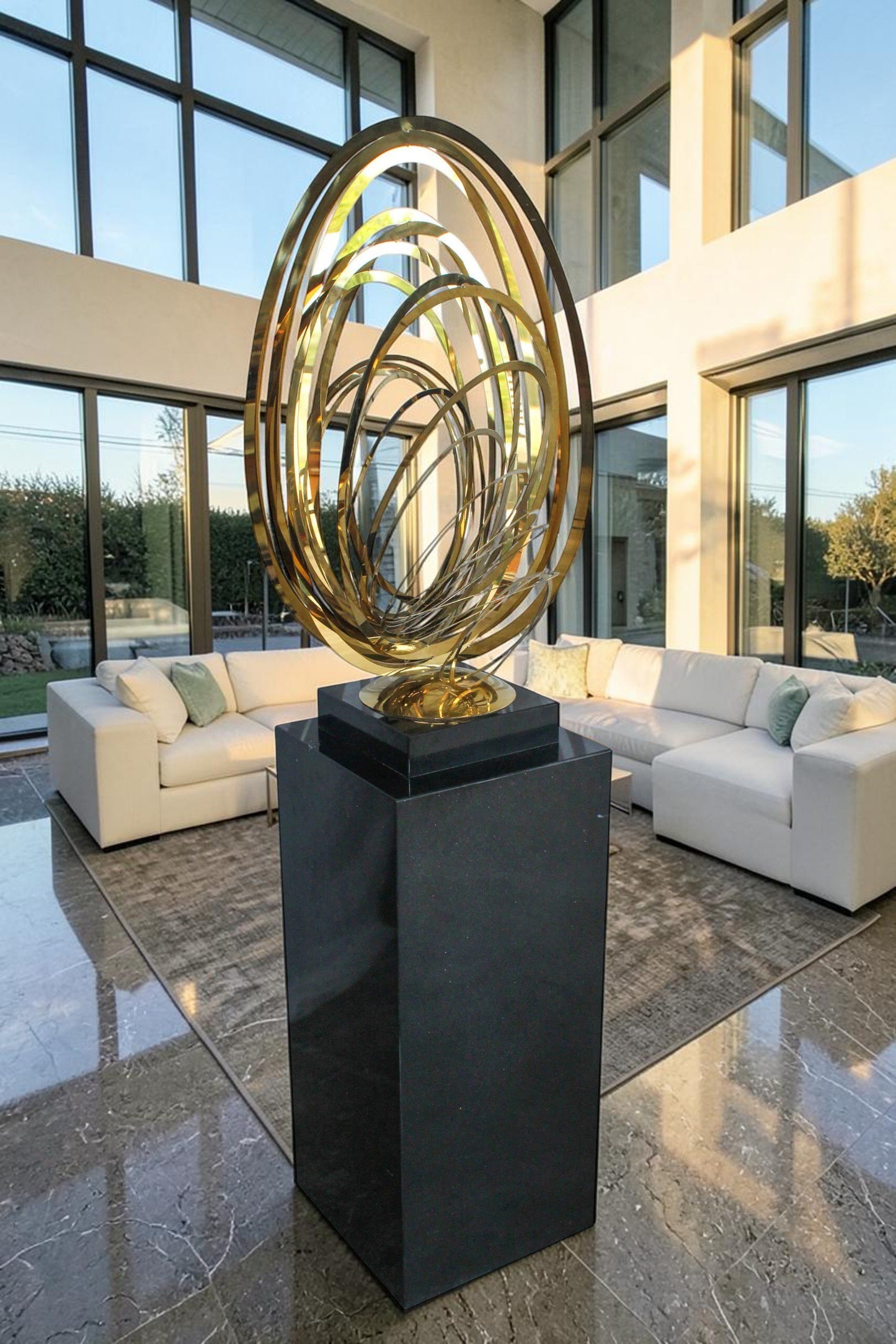 Modern Abstract Brass Sculpture with Black Pedestal Stand 18" x 14" x 67"H
