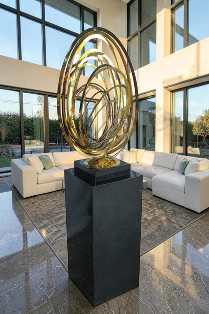 Modern Abstract Brass Sculpture with Black Pedestal Stand 18" x 14" x 67"H