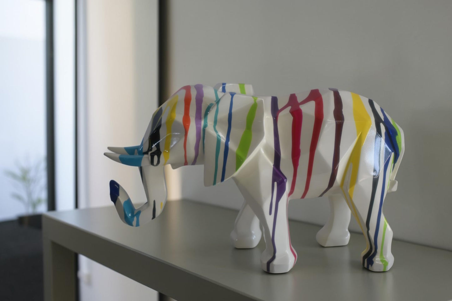 Geometric Resin Elephant Statue with Multicolor Drip Art 22"x8"x12"H