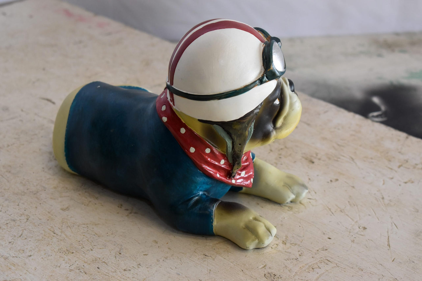 A Happy Dog Dressed in Motorcycle Rider Suit, Resin Statue 9" x 6" x 7"H