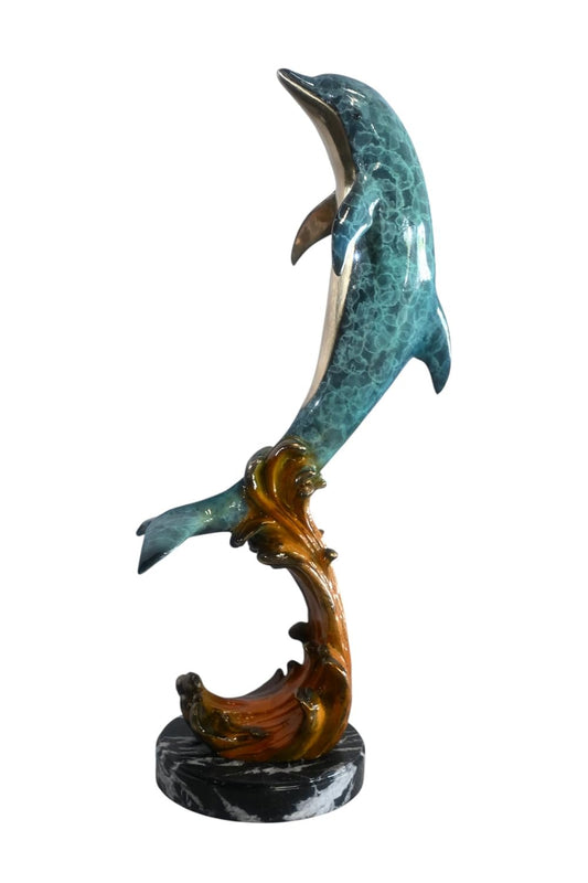 Bronze Leaping Dolphin Sculpture on Wave Base 25"x24"x40"H
