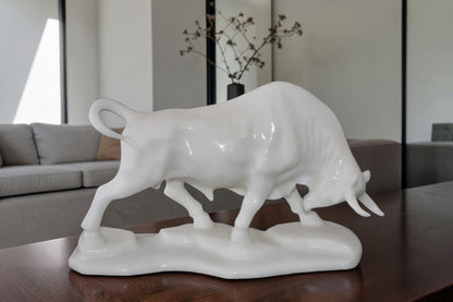 Wall Street Bull Made of White Marble Size: 11" x 5" x 7"H