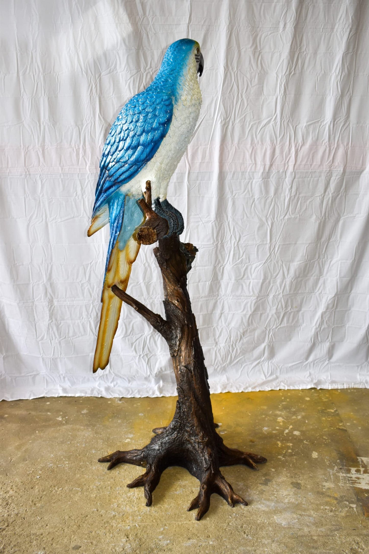 Giant Blue and White Parrot Standing on A Tree Bronze Statue 30" x 24" x 66"H