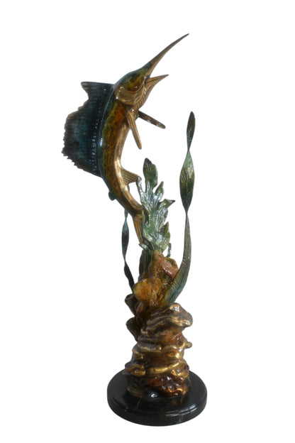 Bronze Sailfish Sculpture on Coral Seaweed Base Marble 11"x7"x24"H