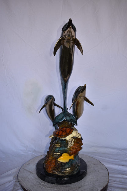 Three Dolphins Swim Next to A Sea Turtle Fountain Bronze Statue 17"x 15" x 38"H
