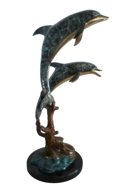 Large Bronze Dual Dolphin Coral Reef Sculpture Marble Base 18"x16"x39"H