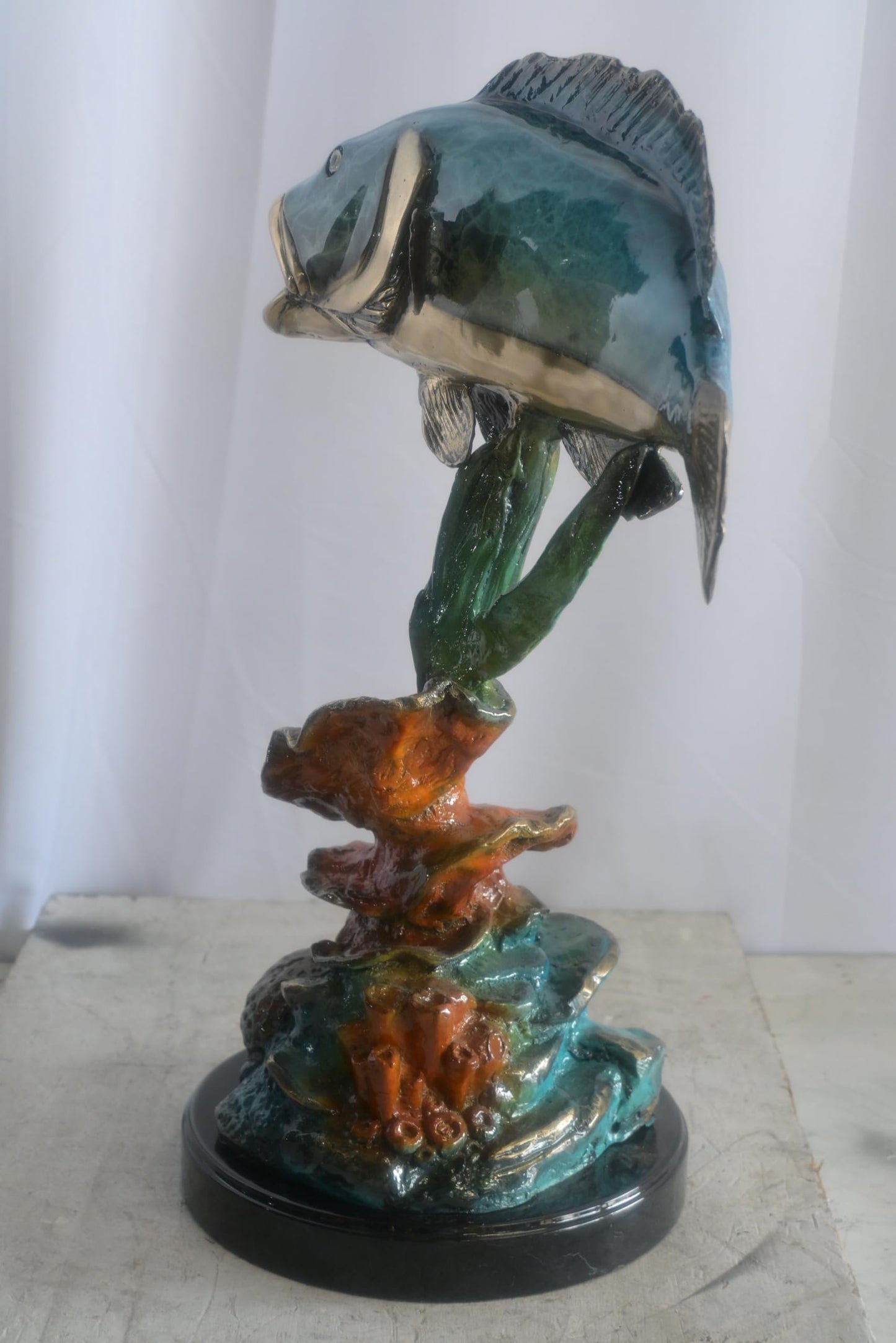 Bronze Bass Fish Sculpture on Coral Reef and Marble Base 18"x10"x26"H