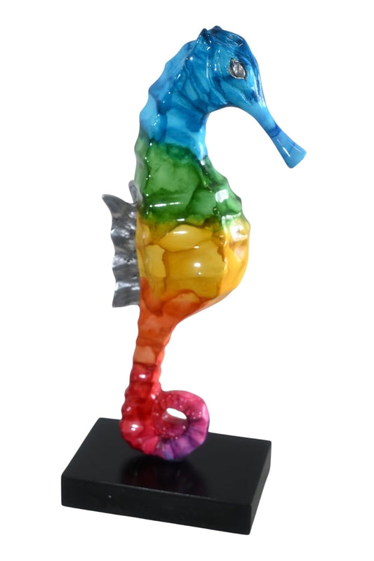 Blue to Red Rainbow Seahorse Statue Painted Aluminum Art 6"x4"x15"H