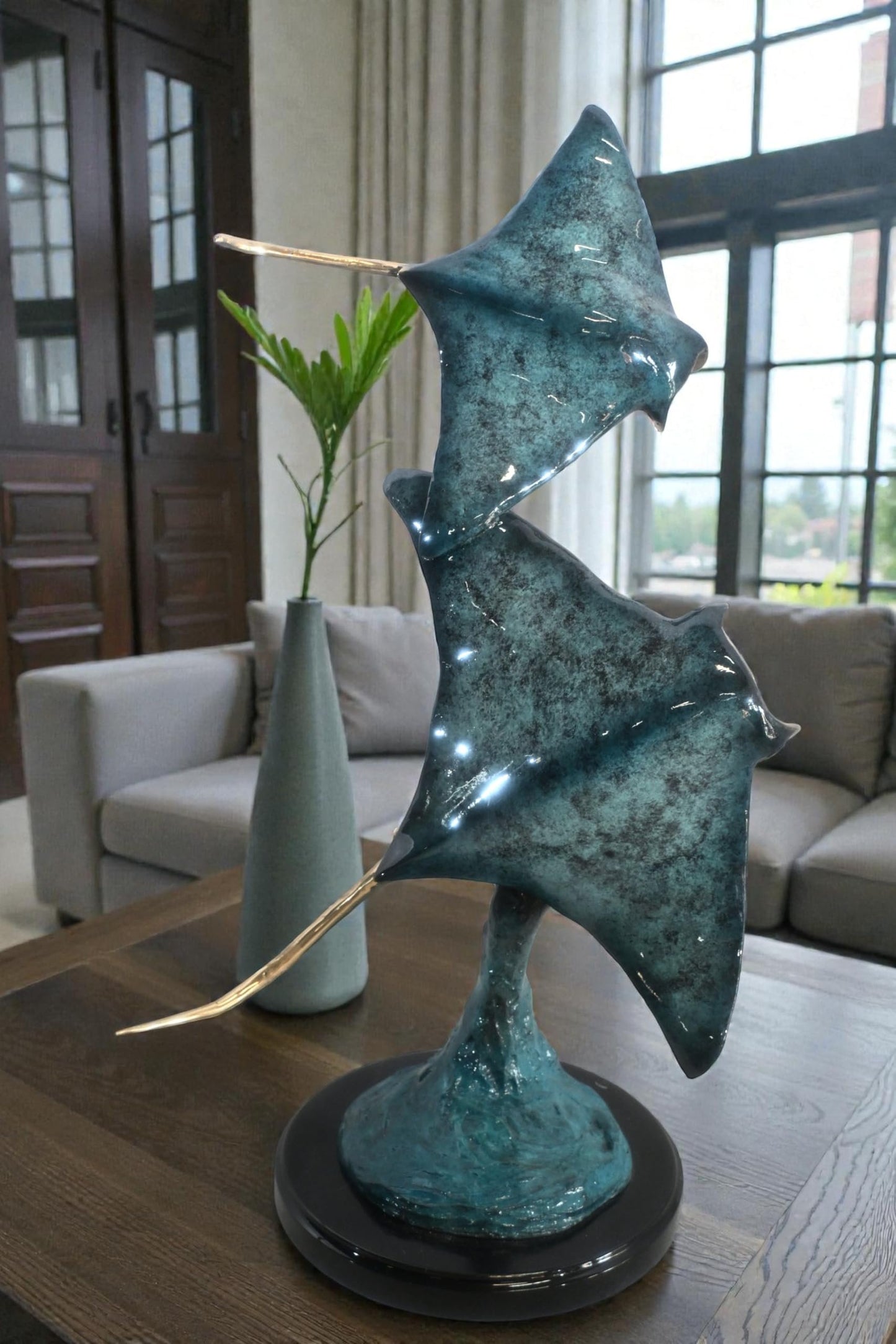 Two Stingrays Bronze Sculpture Ocean Wave Base 13"x7"x23"H