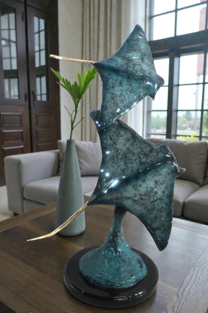 Two Stingrays Bronze Sculpture Ocean Wave Base 13"x7"x23"H