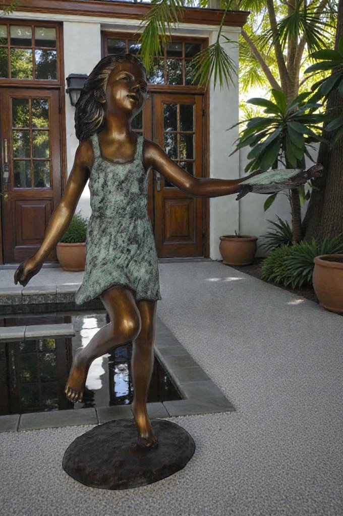 Girl holding turtle bronze fountain statue -  Size: 26"L x 19"W x 37"H.