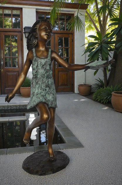 Girl holding turtle bronze fountain statue -  Size: 26"L x 19"W x 37"H.