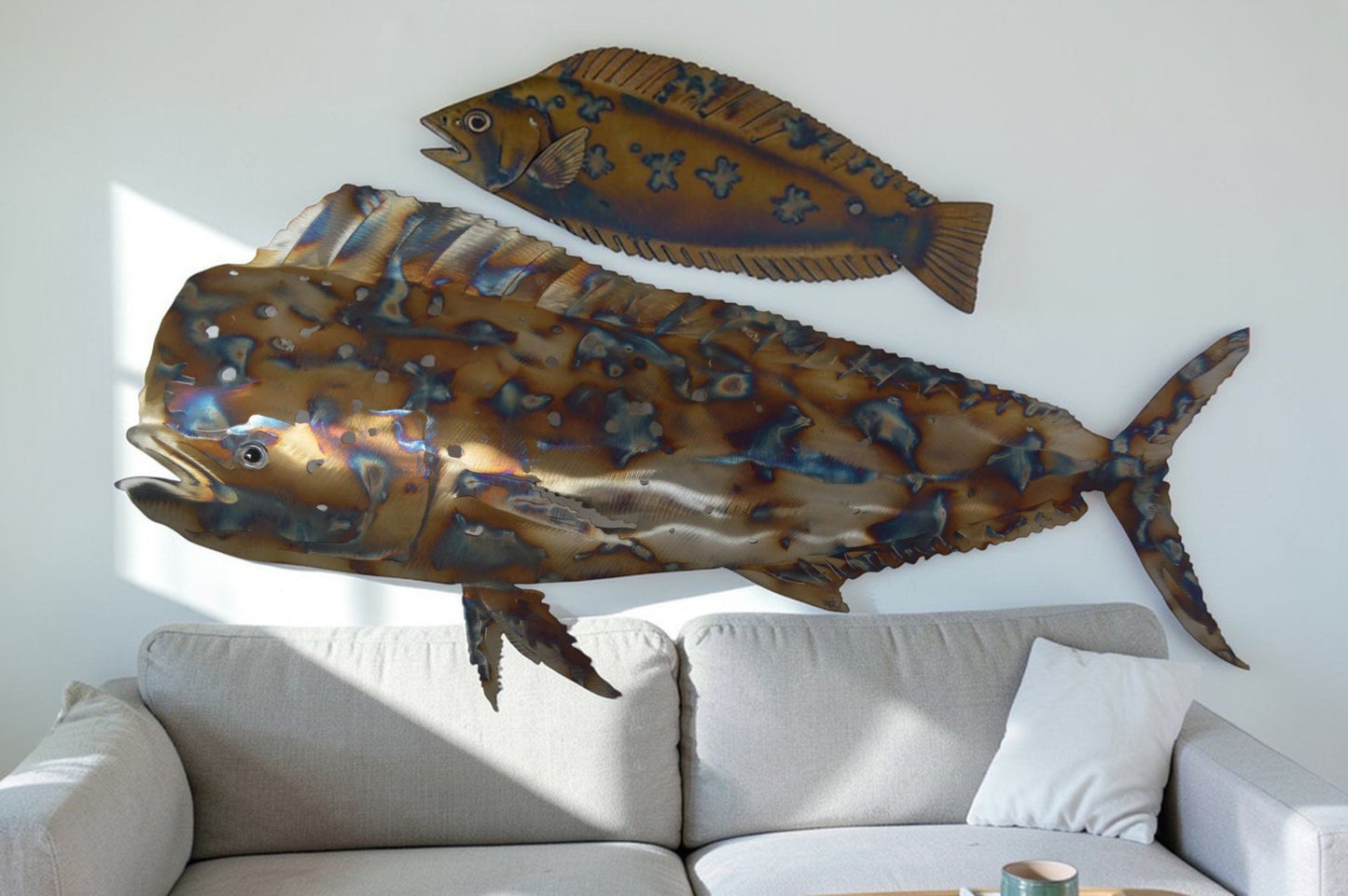 Mahi-Mahi fish laser cut steel wall mounted - Size: 26"L x 2"W x 14"H.