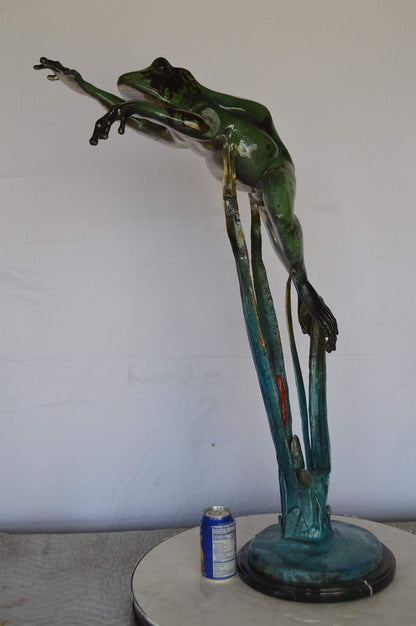 Large Frog Jumping Forward Bronze Statue on Marble -  Size: 25"L x 15"W x 36"H.