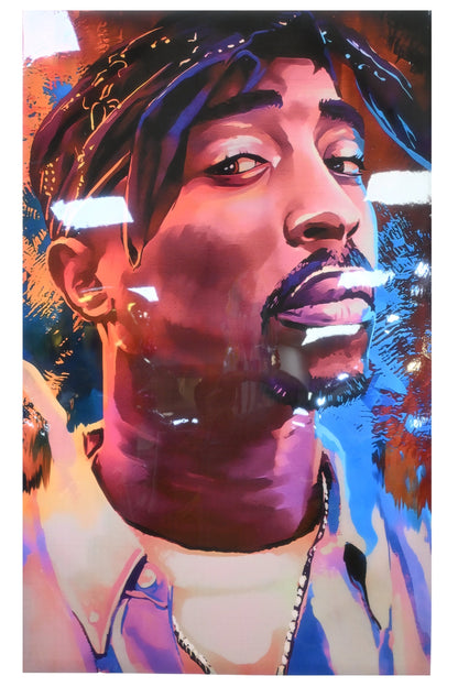 Tupac Shakur Colorful Portrait Resin Covered Canvas 40"x64"