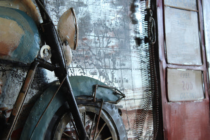 Vintage Motorcycle and Gas Pump Painting on Metal with 3D Effect 79" x 2" x 40"H