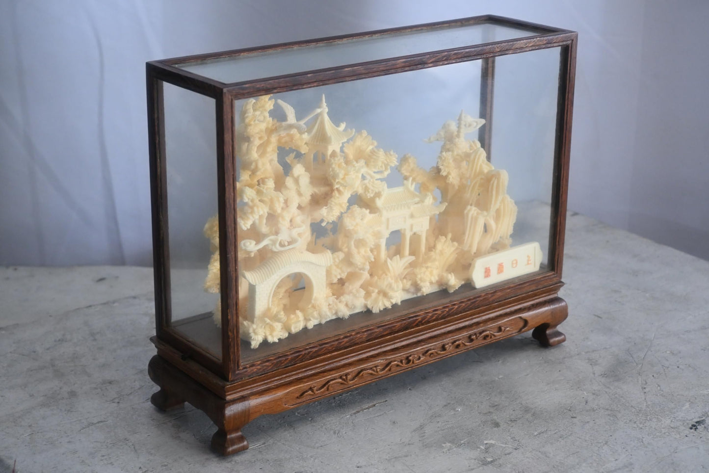 Carved Resin Chinese Bridge and Pavilion in Wood Case 12"x4"x9"H
