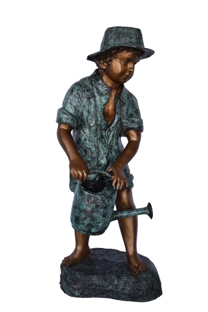 Standing Boy with Watering Can Bronze Statue - Size: 15"L x 15"W x 39"H.
