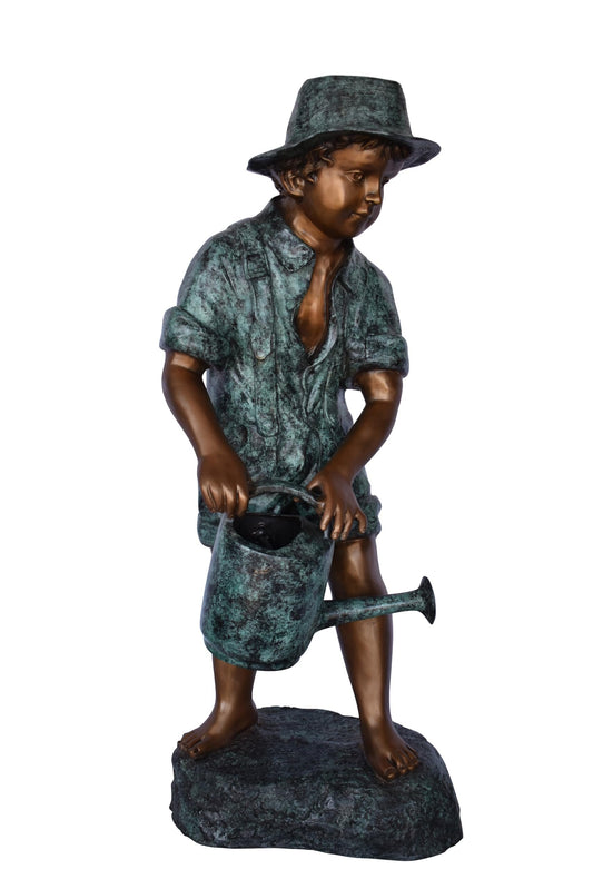 Standing Boy with Watering Can Bronze Statue - Size: 15"L x 15"W x 39"H.