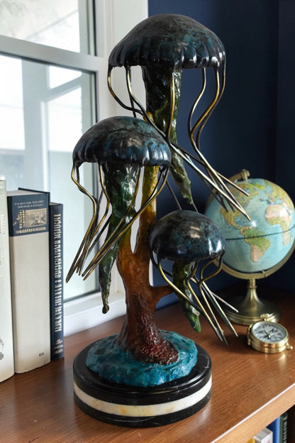 Three Wandering Jellyfish Bronze Statue on a Marble Base 17" x 11" x 24"H
