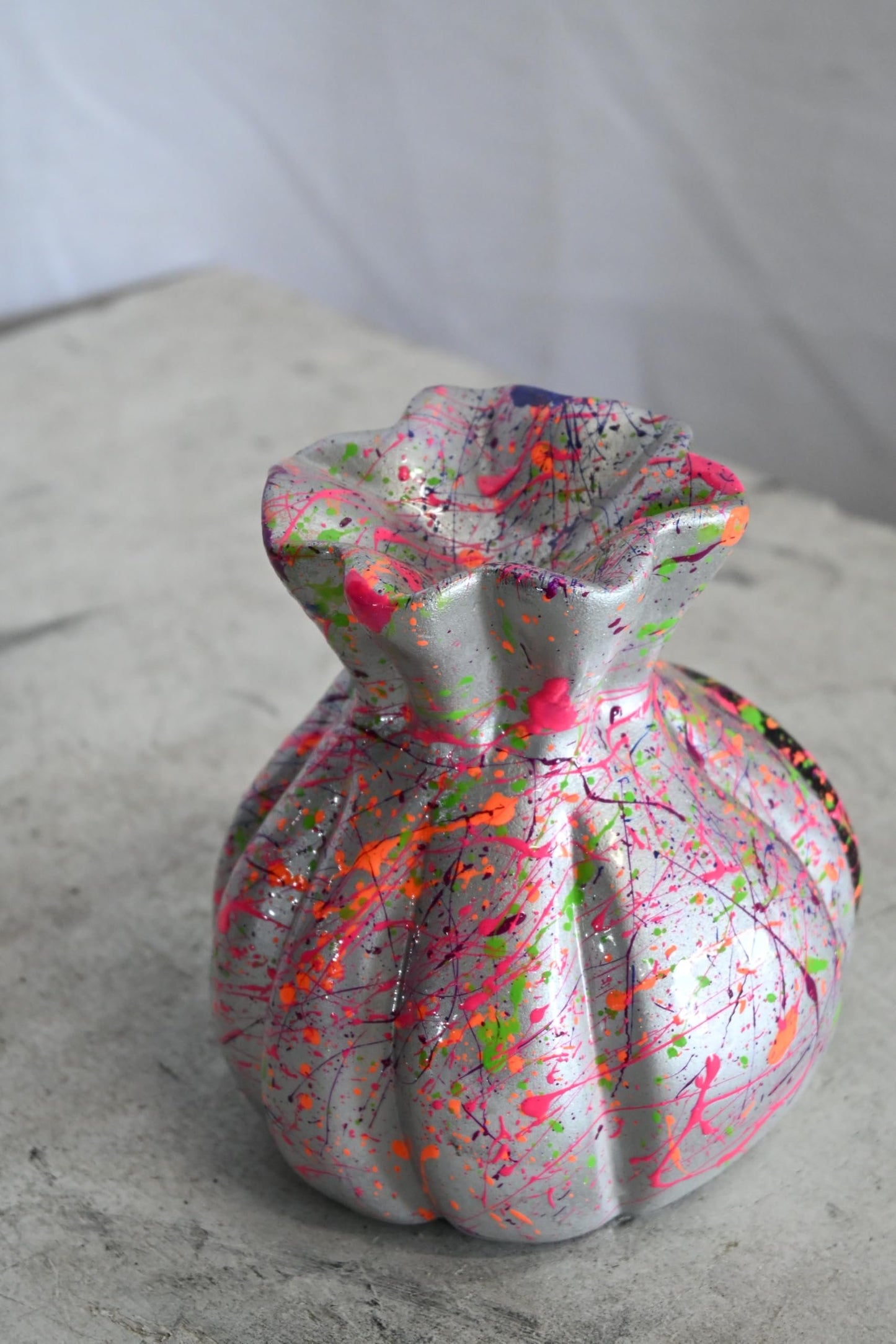 NIFAO Money Bag Vase Ceramic Sculpture Neon Splatter Andres Mendez 4"x5"x6"H
