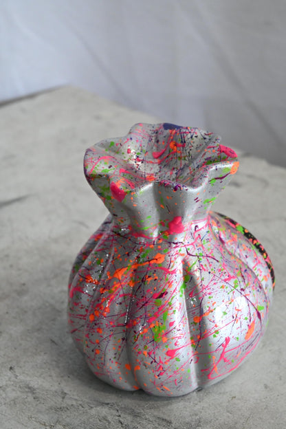 NIFAO Money Bag Vase Ceramic Sculpture Neon Splatter Andres Mendez 4"x5"x6"H
