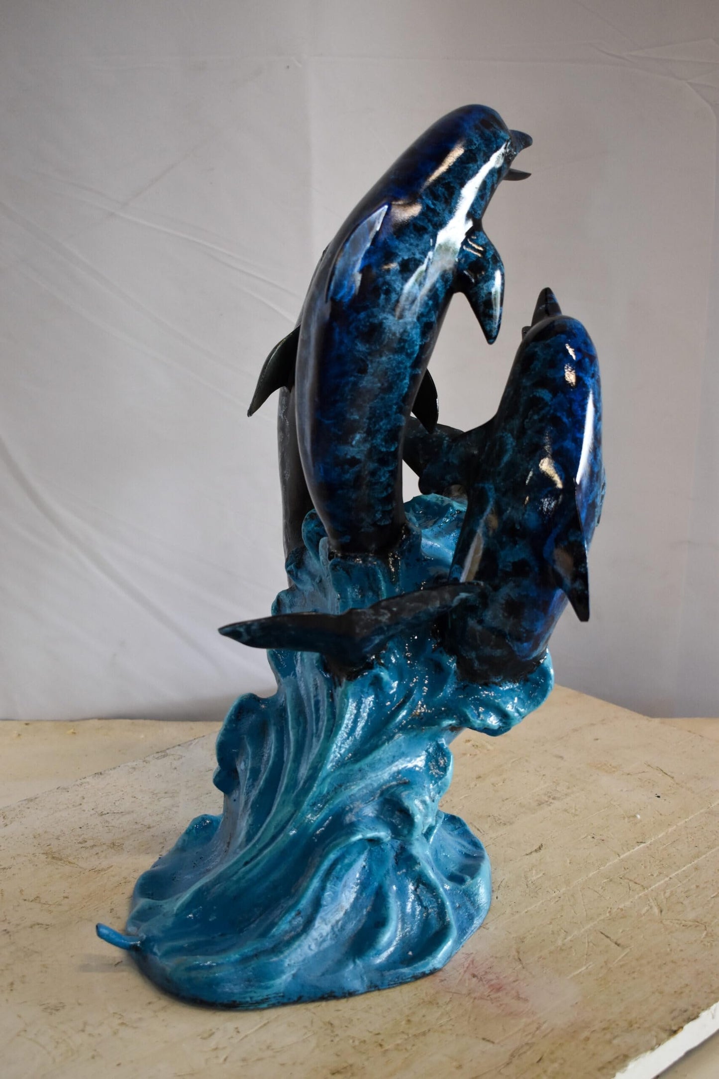 Pod of Dolphins Playfully On A Wave Resin Statue, Fountain 15" x 14" x 20"H