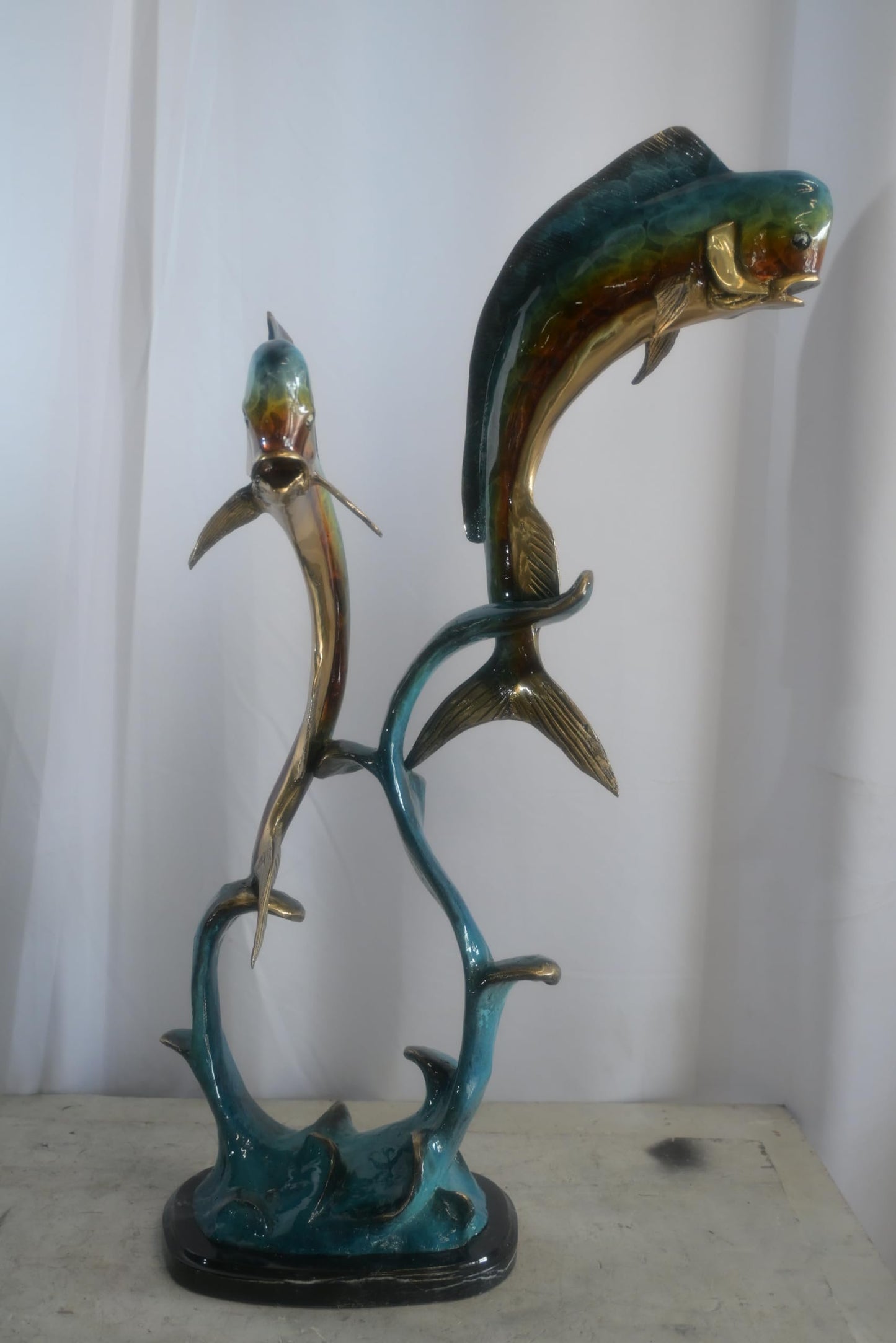 Bronze Dual Mahi Mahi Fish Sculpture on Wave Marble Base 19"x12"x35"H