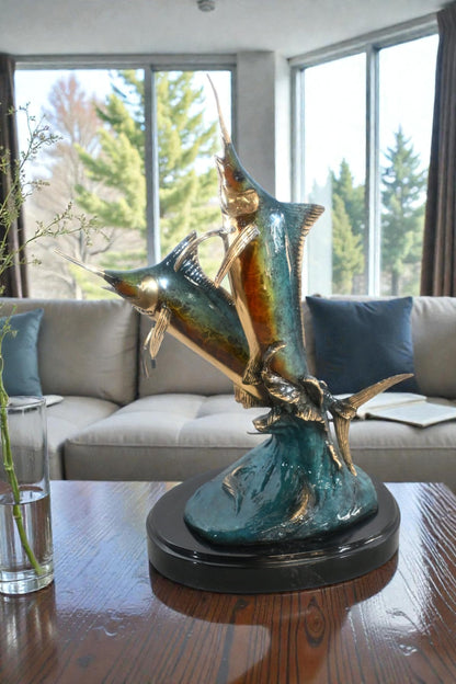 Marlin Pair Circular Formation Bronze Sculpture 17"x12"x21"H
