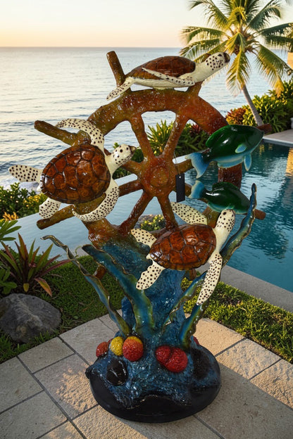 Sunken Nautical Wheel with Sea Creatures Bronze Statue Size: 39" x 23" x 51"H