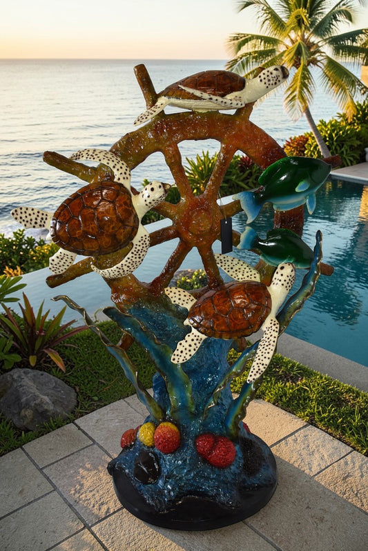 Sunken Nautical Wheel with Sea Creatures Bronze Statue Size: 39" x 23" x 51"H