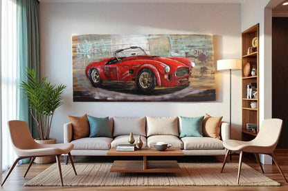 NIFAO Classic Roadster Inspired Red Car 3D Metal Art on Wood 79" x 2" x 40"H