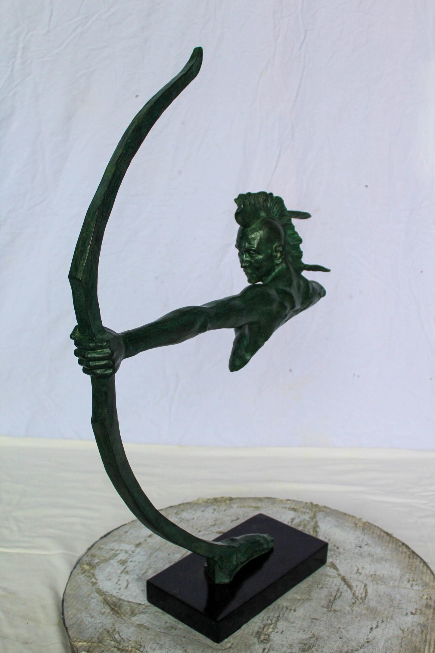 Nifao Native American Warrior with Long Bow Bronze Statue – Handcrafted Lost Wax Casting with Rich Patina – Powerful Tribal Art Sculpture Mounted on Base – Museum-Quality Detail 22" x 6" x 33"H
