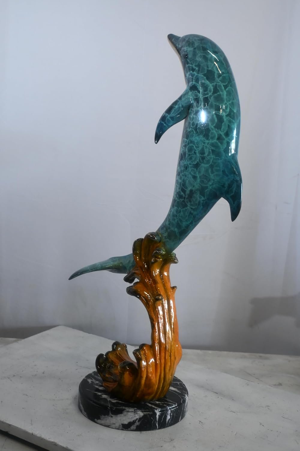 Bronze Leaping Dolphin Sculpture on Wave Base 25"x24"x40"H