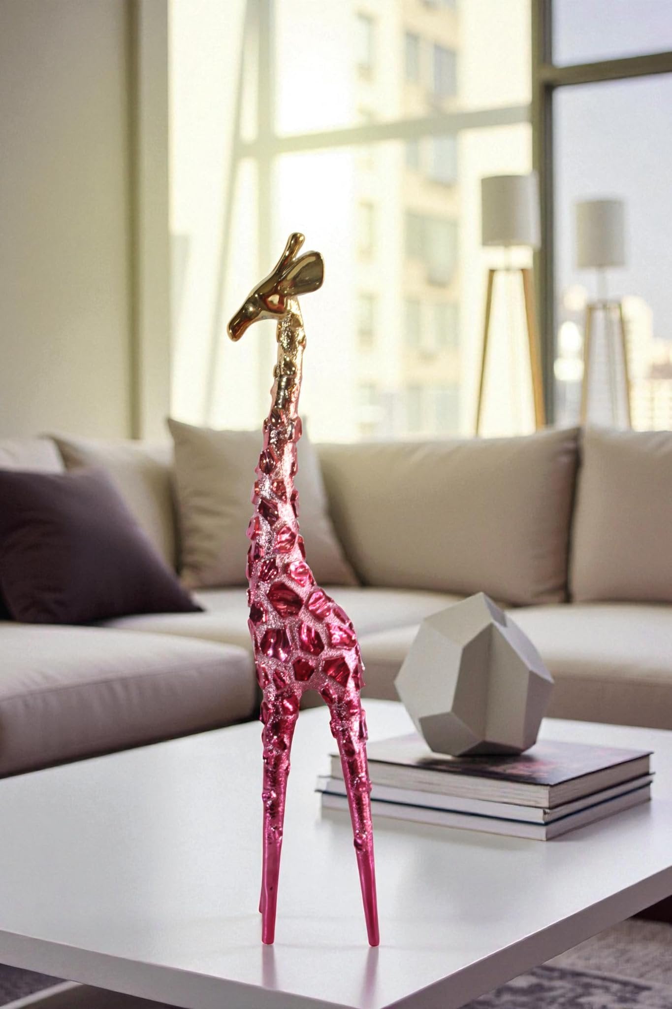 NIFAO Pink Giraffe Sculpture with Gold Chrome Head Modern Resin Decor 4"x6"x30"H