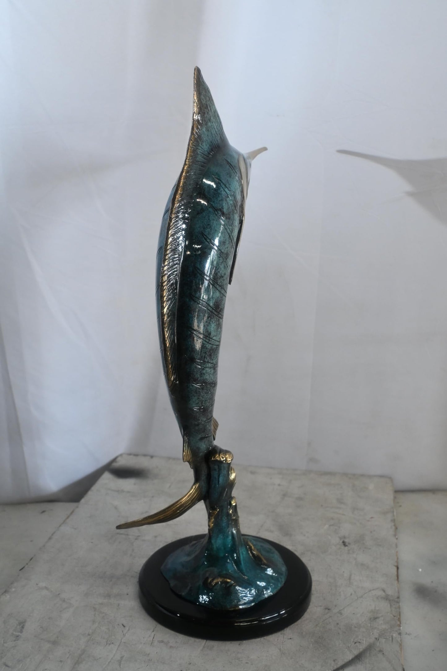 Blue Marlin Bronze Sculpture Leaping Ocean Wave 15"x6"x23"H