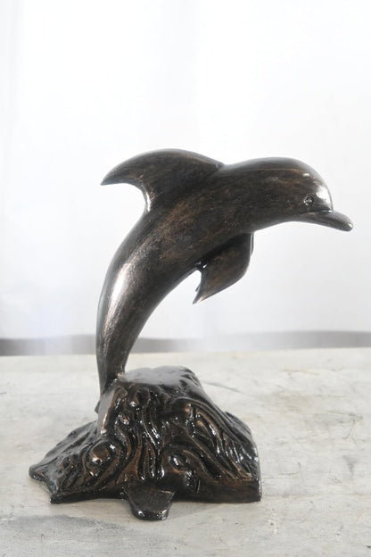 Playful Leaping Dolphin Wave Base Aluminum Coastal Decor 11"x11"x14"H