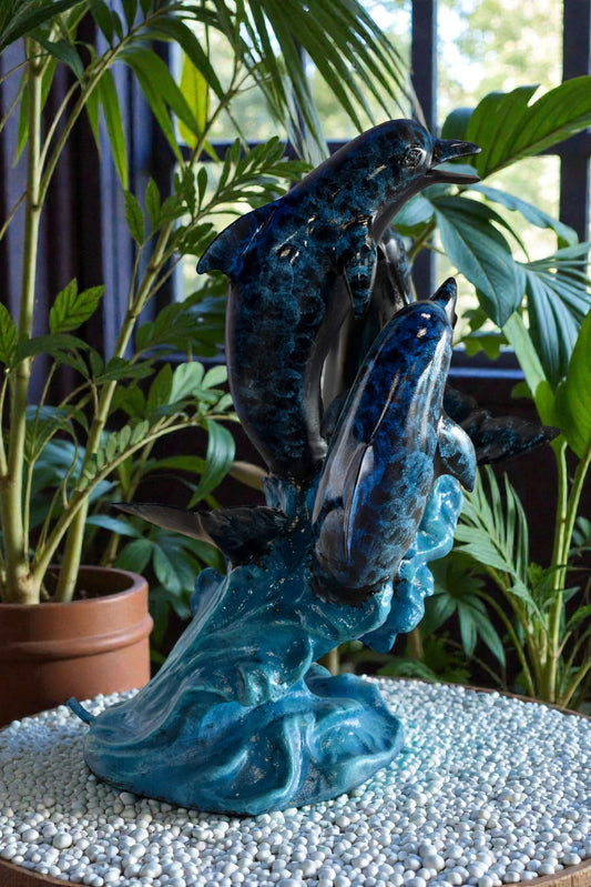 Pod of Dolphins Playfully On A Wave Resin Statue, Fountain 15" x 14" x 20"H