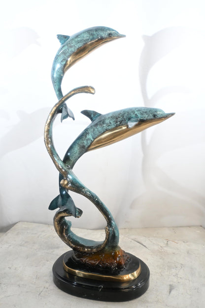 Two Dolphins Bronze Sculpture Spiral Formation 16"x11"x30"H