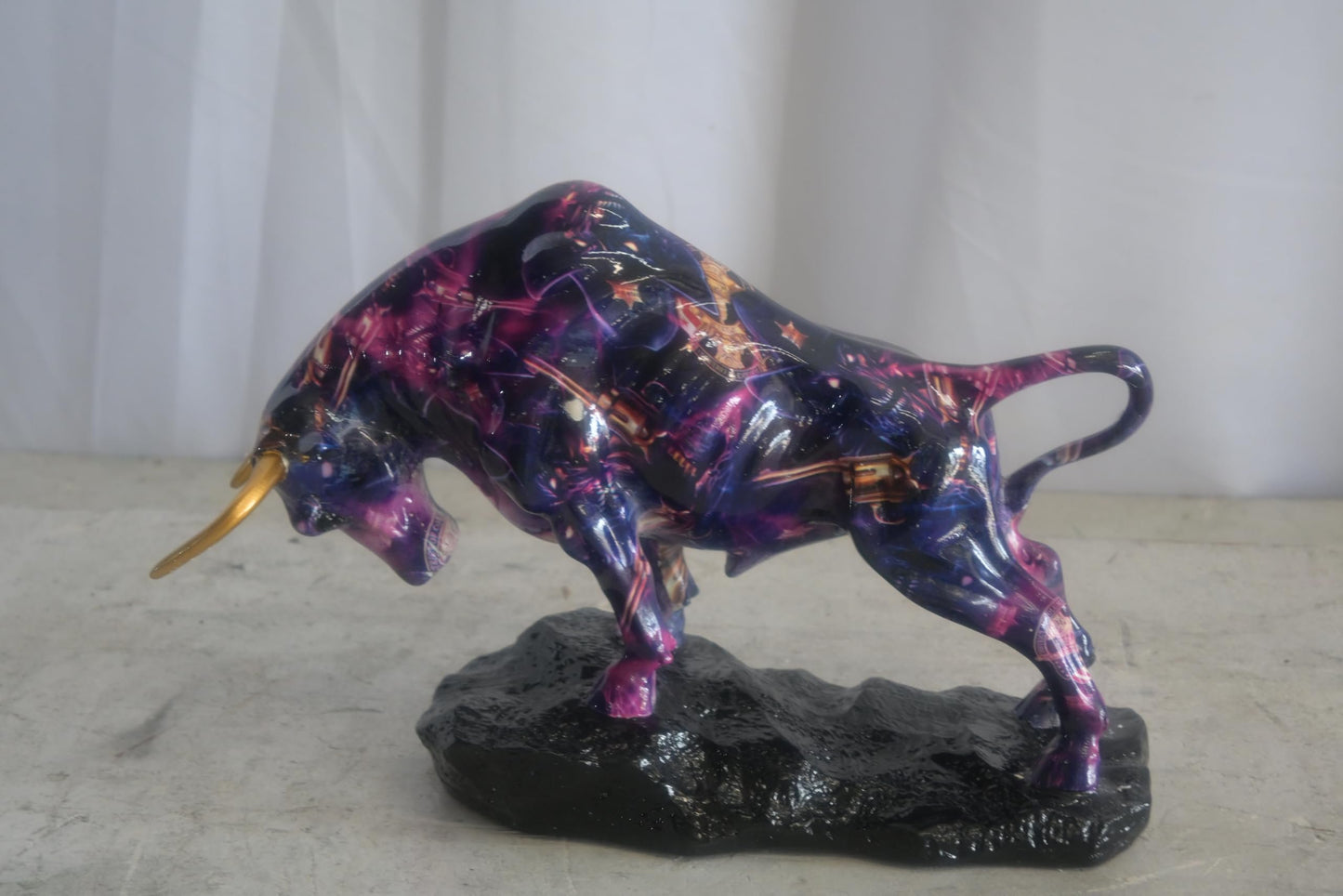 Resin Charging Bull Sculpture Purple Galaxy Finish Gold Horns 14"x4"x9"H