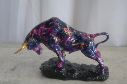 Resin Charging Bull Sculpture Purple Galaxy Finish Gold Horns 14"x4"x9"H