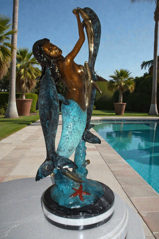 Mermaid with 3 dolphins Bronze Statue -  Size: 16"L x 10"W x 25"H.