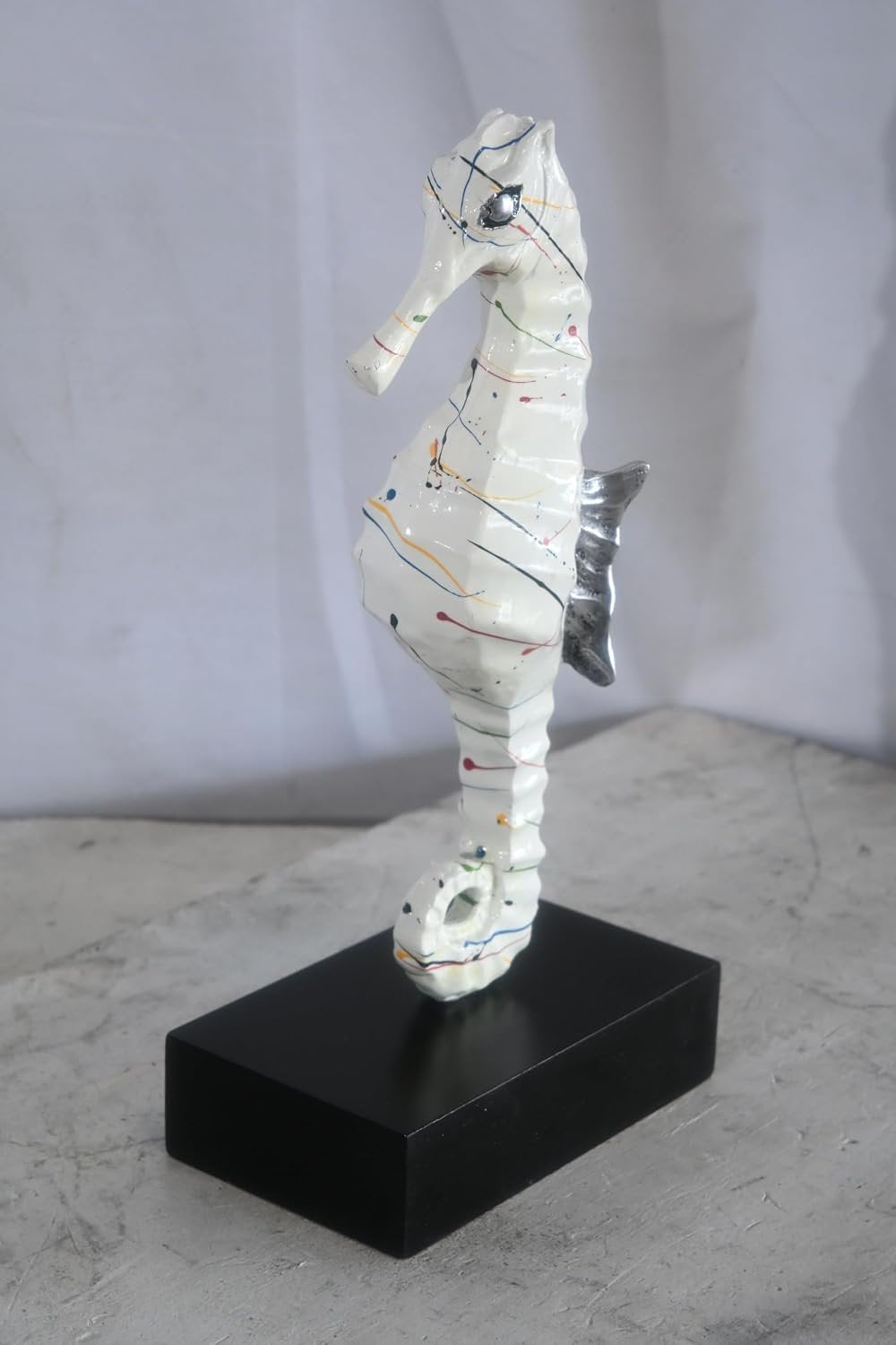 White Splatter Seahorse Sculpture Painted Aluminum Decor 6"x4"x16"H