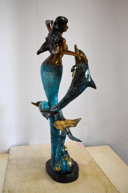 Graceful Mermaid and Two Dolphins Bronze Statue 13" x 9" x 31"H