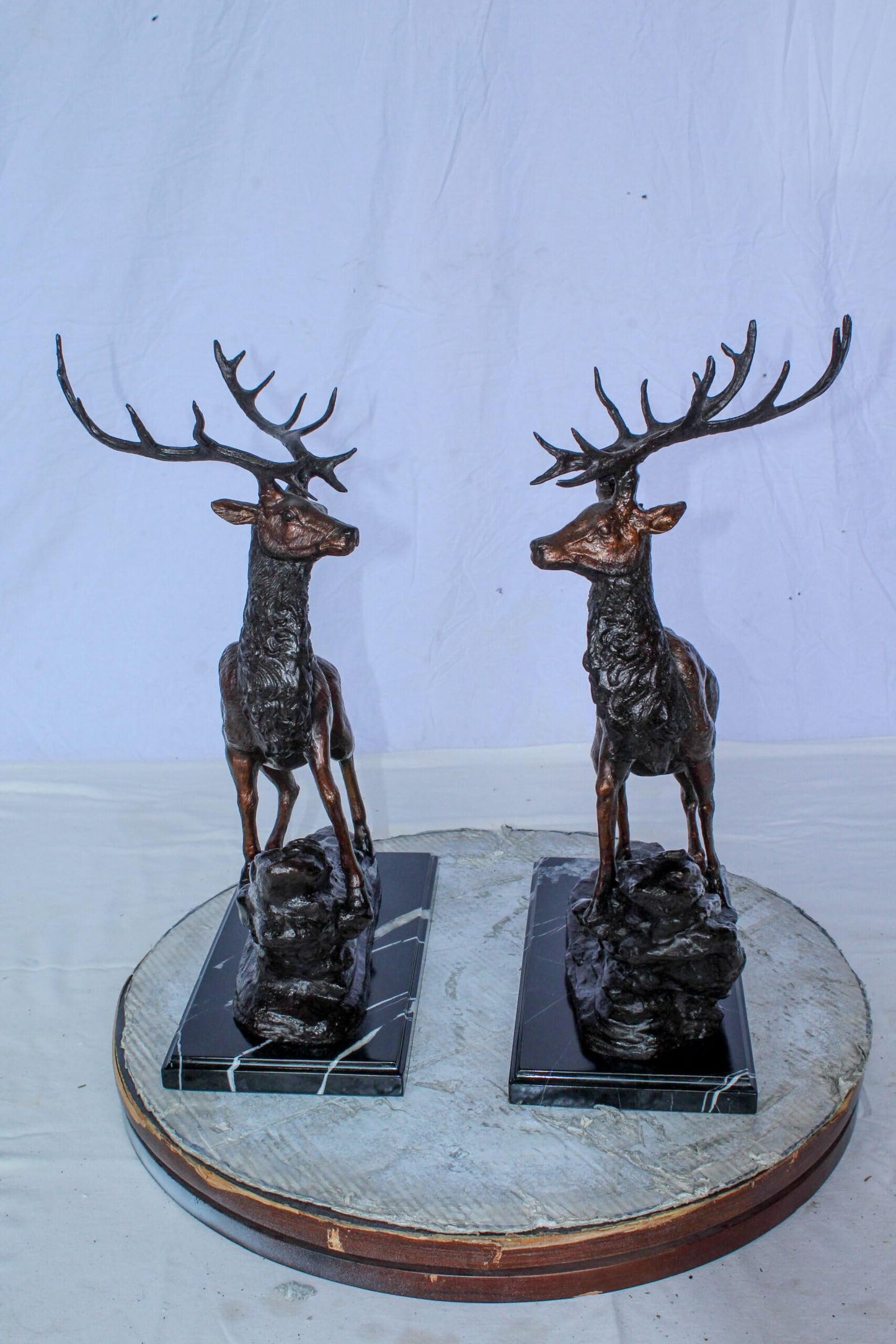 Bronze Pair of Deer Statues on Marble Base Lost Wax Method 15" x 10" x 21"H